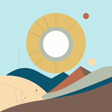 Illustrazione astratta di un paesaggio desertico stilizzato con un grande anello dorato nel cielo, evocando tranquillit&agrave; e mistero.
