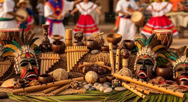 Traditional Crafts and Musical Instruments with Cultural Dancers Background