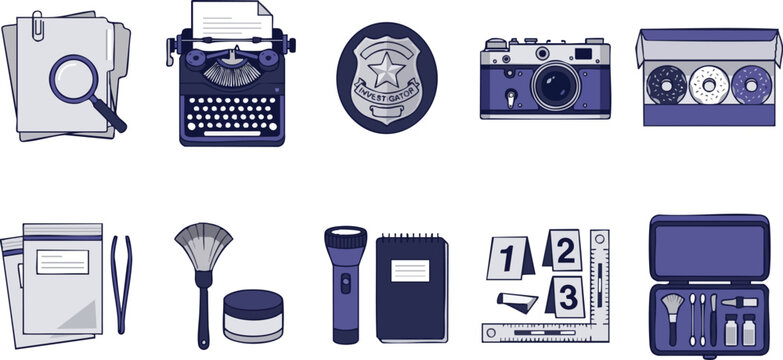 A flat vector collection of crime scene investigation icons including a badge, camera, and evidence tools for forensic detective work.