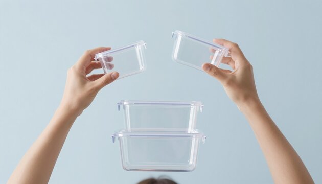 Hands holding and stacking clear plastic food storage containers against a pale blue background