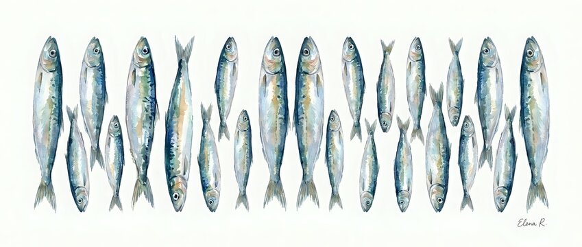 Watercolor sardines and anchovies arranged in rows on white background, isolated marine fish illustration for seafood restaurant menus and culinary designs.