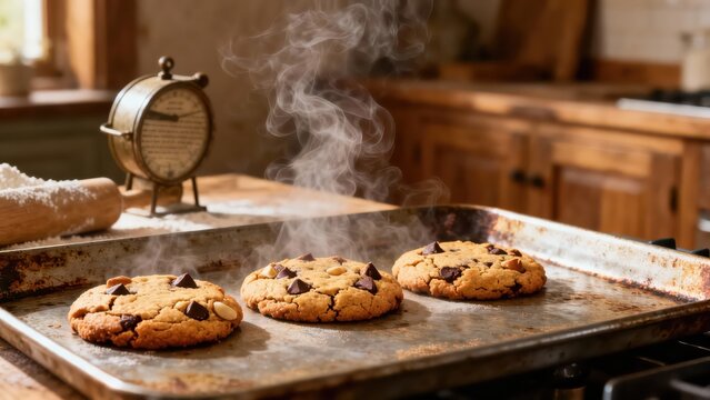 Freshly baked chocolate chip cookies on a tray with steam. Homemade sweets in a rustic kitchen. Warm cookies straight from the oven