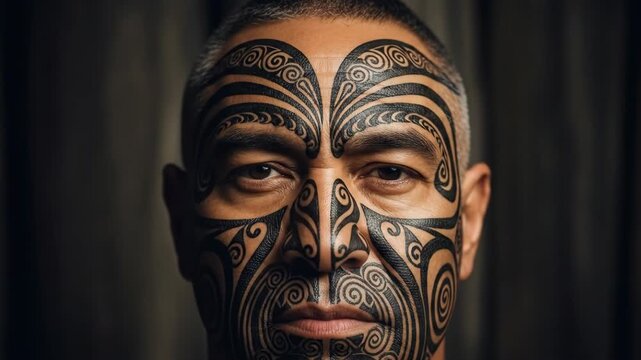 Maori Man with Traditional Face Tattoos Close Up Portrait.