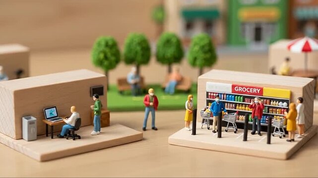 Miniature people shopping at grocery store and working remotely