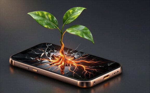 Plant grows from broken phone screen symbolizing renewal and nature's