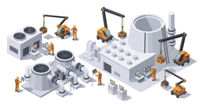 Isometric Nuclear Power Plant Construction Site with Workers and Machinery.
