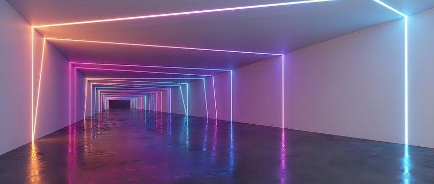 Futuristic neon tunnel with glowing rectangular frames in purple, pink and blue colors creating perspective depth on reflective floor for modern design.