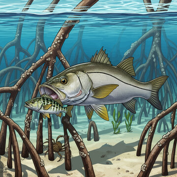 Snook attacking baitfish in mangrove habitat, illustration.