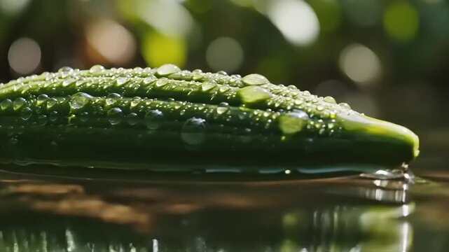 Close-up of a bitter melon with water droplets floating in water.