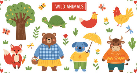 Fototapeta premium Cartoon Wild Animals Set with Bear, Fox, Dog, Turtle, Chicken, and Cow in Colorful Outfits with Flowers, Trees, and Butterflies for Kids' Designs