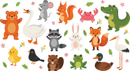 Naklejka premium Cartoon Animal Collection Featuring Bear, Goose, Rabbit, Fox, Raccoon, Crocodile, Duck, Frog, and More with Flowers and Leaves for Kids' Designs