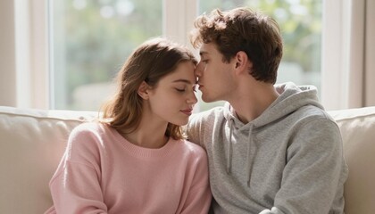 Fototapeta premium Young couple sharing a tender forehead kiss on a couch in a cozy, sunlit living room