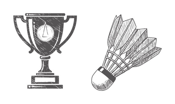 Black and white trophy cup and shuttlecock badminton monochrome