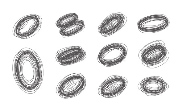 Collection of twelve grey scribbled oval shapes white doodle