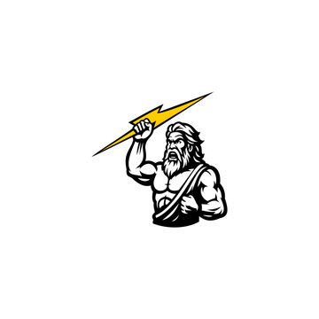Powerful mythological god figure holding lightning bolt, muscular bearded warrior isolated on white 