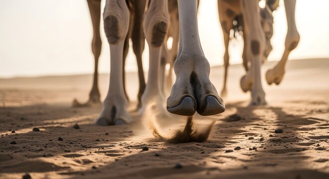 Close-up of camel feet walking on sandy terrain with warm sunlight casting shadows, showcasing camel toe detail