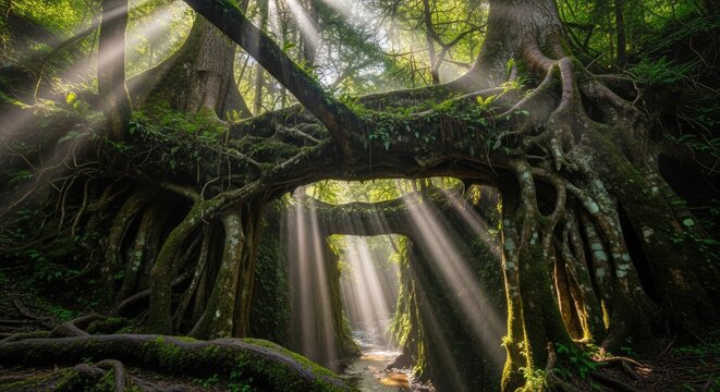 Sunlight streams through lush forest with ancient trees and intertwined roots