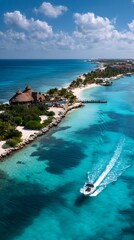 Fototapeta premium Tropical Island Getaway Resort, Beaches, and Boat on Turquoise Water