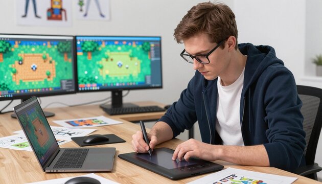Young designer using a graphics tablet to create colorful top-down game art at a dual-monitor workstation
