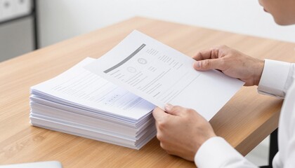 Naklejka premium Hands reviewing a printed resume or business document on a desk beside a large stack of papers