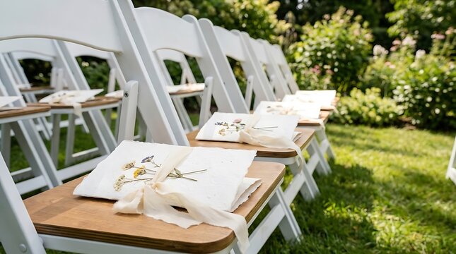White folding chairs with rustic handmade programs decorated with dried flowers and ribbons for an outdoor garden wedding ceremony