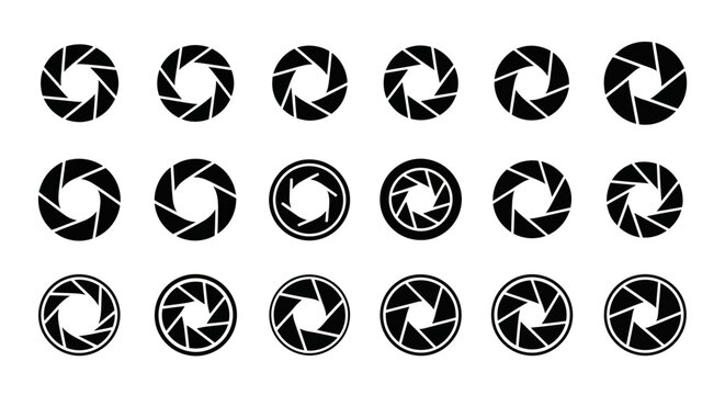 Camera shutter icons, black and white camera shutter symbols, photography shutter vector graphics, 15 shutter icon set