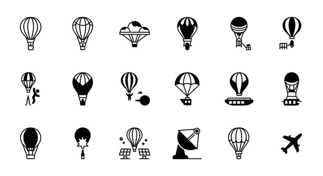 Hot air balloon icons, black vector illustrations, travel symbols, flight signs, 20 balloon graphics