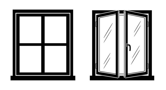 A minimalist vector graphic illustration of two window designs, one closed and one open, in a simple black and white style.