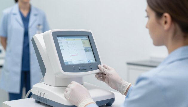 Technician operating an autorefractor for an eye exam in a clinical optometry setting
