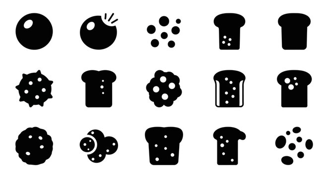 Food icons, black silhouette set, 16 culinary symbols, kitchen graphics