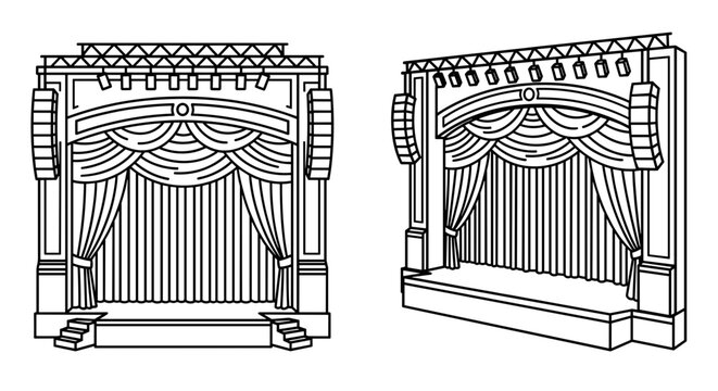 A minimalist vector illustration of a theater stage with curtains and a proscenium arch