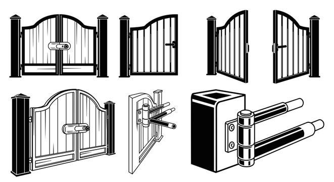 A set of various gate designs and hardware components in a minimalist vector illustration style