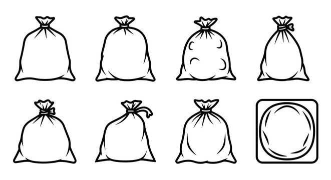 A set of minimalist trash bag illustrations in a simple line art style