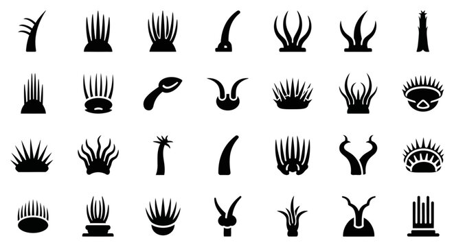 Black silhouette animal horn icons, set of 25 wildlife horns, animalistic symbols, black and white graphics