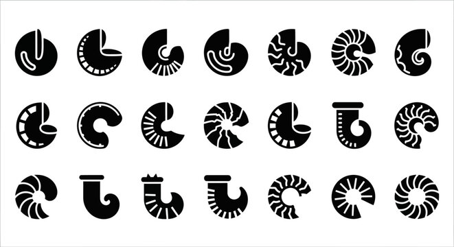 Nautilus Shell Icons, Black and White Nautical Symbols, Spiral Shell Shapes, Vector Graphic Elements
