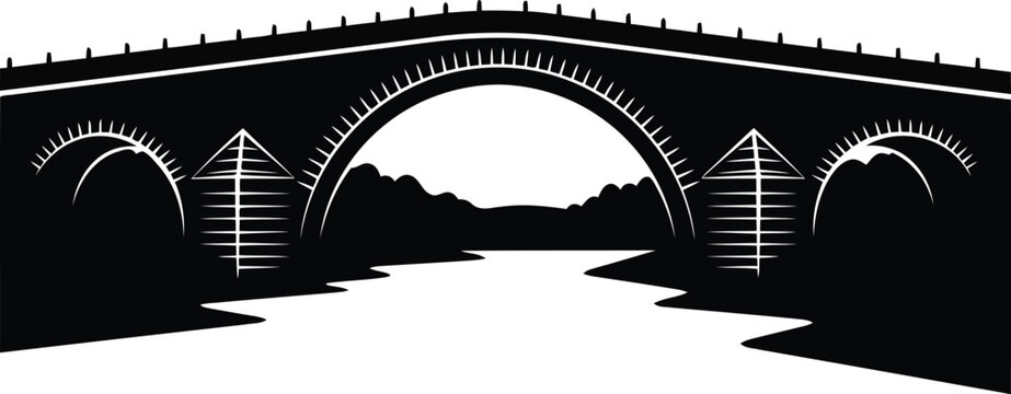 Silhouette of a historical stone arch bridge spanning a river for travel and architectural design