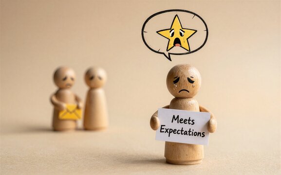 Wooden figure holds "Meets Expectations" sign sad face star thought