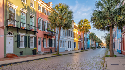 Obraz premium Rainbow Row Historic District Charleston South Carolina Colorful Houses Palm Trees Cobblestone Street