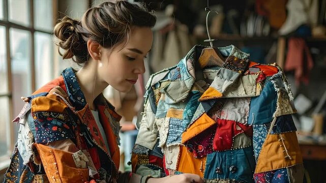 A woman examines a patchwork jacket hanging on a wooden rack in a workshop setting