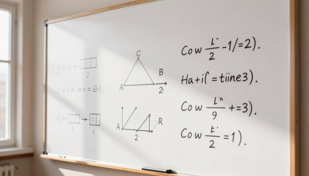 Whiteboard with handwritten math diagrams, geometric triangles, plotted graphs and marker equations, lit by sunlight from a nearby window