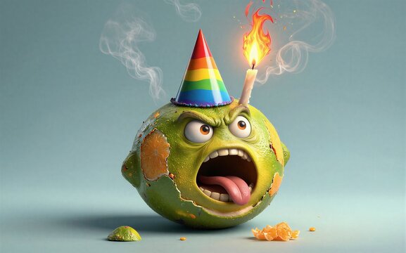 A angry lime with a party hat and lit candle looking like its about