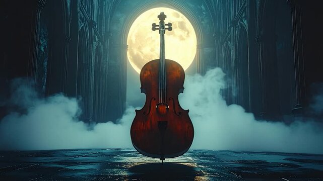A cello stands before a full moon in an eerie, gothic cathedral space