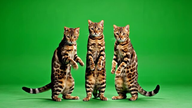Three Bengal cats standing upright on their hind legs against a vibrant green background.