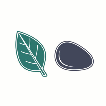 Simple vector illustration of a green leaf and a dark egg-shaped stone on a white background, representing nature and balance.