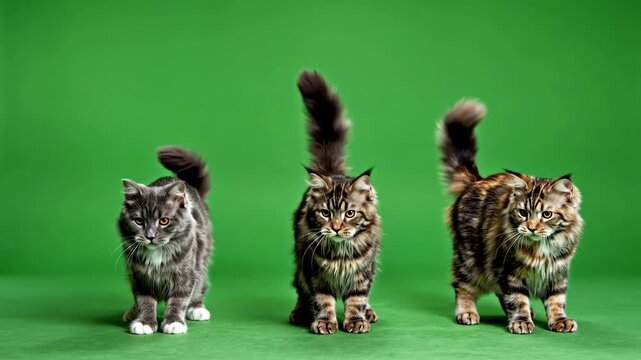 Three Maine Coon cats standing side-by-side against a vibrant green background, showcasing their fluffy tails and distinct tabby markings.