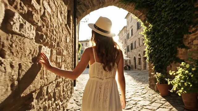 Serene Summer Stroll, Woman in white dress walking through a sunlit ancient stone alleyway, ideal for travel vlogs and Mediterranean tourism content.