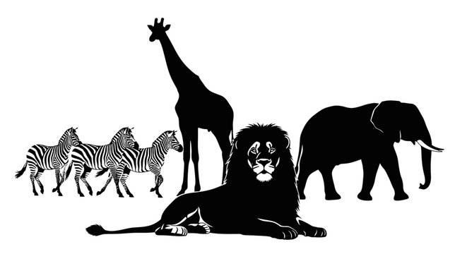 African Savanna Animals: Lion, Elephant, Giraffe, and Zebras Silhouette Gathering