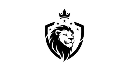 Black Lion Head Emblem with Crown and Stars, Symbolizing Power, Royalty, and Leadership © deni