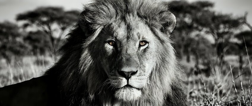 Majestic male lion portrait in black and white with dramatic lighting showcasing wild animal power and strength in natural savanna habitat.