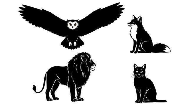Black Silhouette Animals: Majestic Lion, Flying Owl, Sly Fox, and Domestic Cat Collection